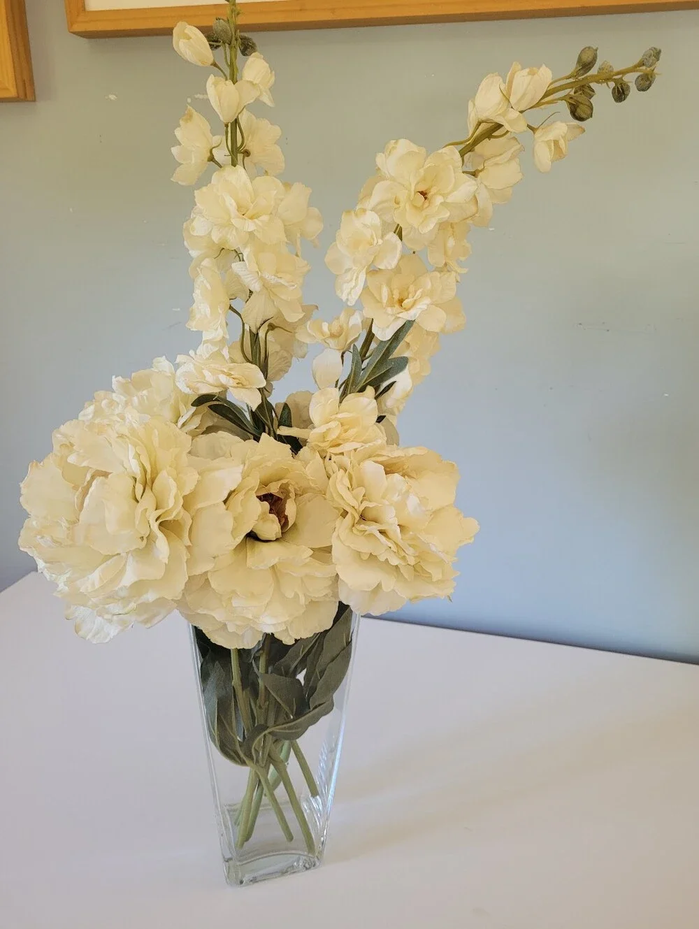 Silk White Flowers. Peonies, Rose and Delphiniums.